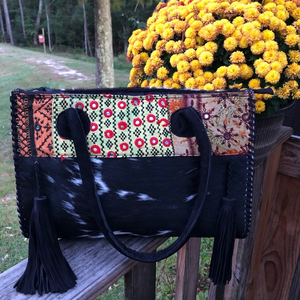 🖤Genuine Suede Leather Cowhide Cow Fur Handbag Purse w/Tassels 🖤
